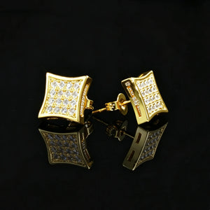 Back view of 10MM Curved Square Iced Out Micro Pave Stud Earrings, showing gold plated stud post and push back closure, RDRIP JEWELRY