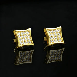 10mm Curved Square Iced Out Micro Pave Stud Earrings, gold plated full paved VVS CZ hip hop earrings for men | RDRIP JEWELRY