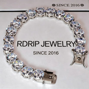 10mm silver iced out sparkle tennis bracelet with double lock safety clasp, prong‑set flawless VVS simulated diamond stones, silver plated heavy hip hop unisex bling wrist jewelry, RDRIP JEWELRY