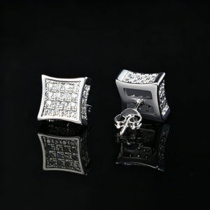 12MM Curved Square Iced Out Micro Pave Stud Earrings back view, full pave VVS simulated diamond concave square hip hop studs, silver plated push back stud clasp, bling unisex earrings for men, RDRIP JEWELRY