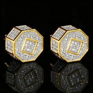 12MM Iced Out Octagon 3D Full Pave Cubic Zirconia Screw Back Stud Earrings, Two Tone Gold Micro Pave Flawless Cubic Zirconia 3D Octagon Piercing Earrings with Secure Screw Back Closure, Unisex Hip Hop Bold Statement Bling Jewelry Gift for Men Women RDRIP JEWELRY