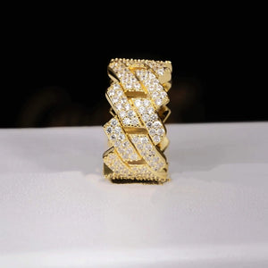 14MM Iced Out Prong Cuban Ring RDRIP JEWELRY, front profile standing view of 18k gold plated wide prong cuban link ring, densely hand set flawless VVS simulated diamonds, hollow band icy bling hip hop statement jewelry for men