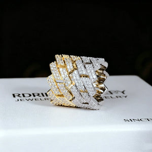 14MM Iced Out Prong Cuban Ring RDRIP JEWELRY, side by side comparison of 18k gold plated and white gold plated prong cuban link rings for men, hand set flawless VVS simulated diamonds, two tone icy bling hip hop jewelry displayed on RDRIP JEWELRY branded box
