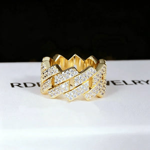 14MM Iced Out Prong Cuban Ring RDRIP JEWELRY, 18k gold plated wide hollow prong cuban link ring for men, hand set flawless VVS simulated diamonds, hip hop bling jewelry displayed on RDRIP JEWELRY brand box