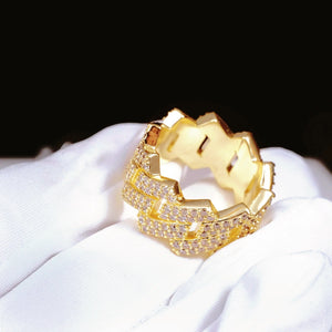 14MM Iced Out Prong Cuban Ring RDRIP JEWELRY, 18k gold plated hollow wide band men ring, close up view of prong set flawless VVS simulated diamonds, hand set icy hip hop fashion statement jewelry for men