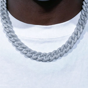 15mm 5-Row Fully Paved Iced Cuban Link Necklace silver finish, heavy wide Miami cuban chain fully encrusted flawless VVS simulated diamonds, prong hand-set stone hip hop jewelry for black men, full iced out clasp, thick bling rapper statement necklace available in 18/20/24 inch lengths, premium 18K white gold plated men's cuban link chain RDRIP JEWELRY