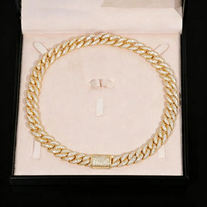 15mm 5-Row Fully Paved Iced Cuban Link Necklace for men, 18k gold plated thick miami cuban curb chain fully encrusted VVS clear moissanite stones, full pave diamond hip hop bling choker with fully iced box lock clasp, heavy solid hiphop rapper streetwear jewelry, sparkling full stone cuban link chain showcased inside premium black leather jewelry gift box, luxury icy mens statement necklace, perfect hip hop ice gift for him, durable polished gold finish cuban chain accessory RDRIP JEWELRY