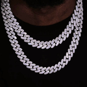 Double‑layer stacked 16MM Rect Baguette Cuban Link Chain on black man neck, iced‑out mixed rectangular baguette and round flawless VVS simulated diamonds mens hip hop necklace, white gold plated heavy miami cuban chain, layered rapper bling hip‑hop jewelry shot on solid black background, RDRIP JEWELRY