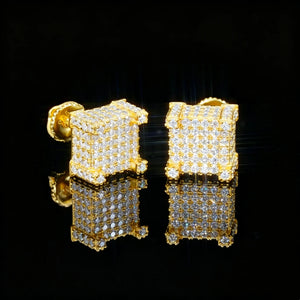 18K Gold Plated 3D Cube VVS Moissanite Stud Earrings 925 Sterling Silver Full Iced Side View Micro Pave Screw Back Unisex Hip Hop Jewelry RDRIP JEWELRY