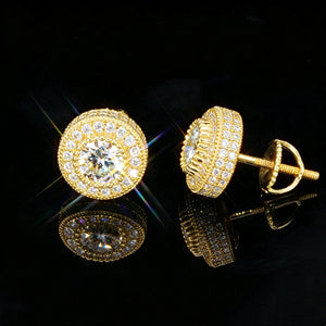 18K Gold Plated Double Cluster Halo Full Iced VVS Moissanite Stud Earrings 925 Sterling Silver Screw Back Round Micro Pave Black Reflection Unisex Hip Hop Bling Jewelry RDRIP JEWELRY