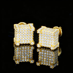 18K Gold Plated Full Iced 3D Cube VVS Moissanite Stud Earrings 925 Sterling Silver Dense Micro Pave Screw Back Unisex Hip Hop Bling Jewelry RDRIP JEWELRY