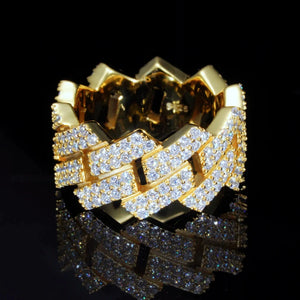 18K gold plated 925 sterling silver D color VVS1 moissanite iced out miami cuban link ring shot on black reflective background sparkling prong set hip hop mens bling statement ring RDRIP JEWELRY