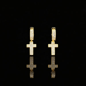 18k gold plated iced out micro pave full pave VVS simulated diamond cross drop huggie hoop earrings, unisex hip hop bling cross dangle hoop earrings trendy urban statement fashion jewelry for men and women, RDRIP JEWELRY