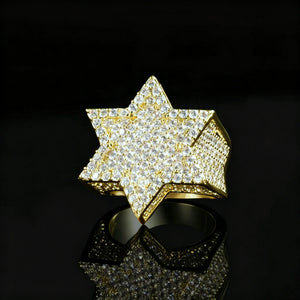 18K gold plated 3D iced fully paved Star of David Franklin ring for men, heavy hip‑hop rapper statement bling jewelry, hand‑set bright AAA cubic zirconia stones, solid wide band hexagram star ring, brilliant sparkling icy look, product shot on glossy black reflective background, luxury urban mens hip hop fashion ring RDRIP JEWELRY