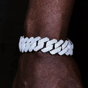 19mm Full Iced Out Prong Cuban Link Bracelet in 18K White Gold Plated Solid Copper, Fully Iced Clasp Design, Hand Set Prong Lifted Flawless VVS Lab Tested Simulated Diamonds, Heavy Thick Hip Hop Statement Jewelry For Men And Women, Tarnish Resistant Long Lasting Icy Shine Streetwear Wrist Bracelet RDRIP JEWELRY