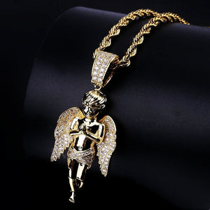 21mm praying cherub angel pendant 18k gold plated close up detail shot iced aaa cz wings bail praying baby angel paired with gold rope chain hip hop bling men jewelry RDRIP JEWELRY