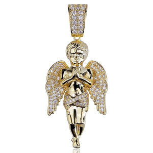 21mm praying cherub angel pendant 18k gold plated iced aaa cz stones isolated white background studio product photo praying baby angel hip hop bling charm without chain RDRIP JEWELRY