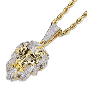 23mm gold plated micro paved vvs simulated diamond lion head pendant close up side angle view paired with gold rope chain iced out hip hop mens jewelry isolated white background RDRIP JEWELRY