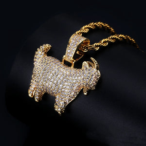 29mm Full Micro Paved Iced‑Out GOAT Pendant close‑up detail shot, heavy fully micro paved VVS simulated diamond goat charm, 18k gold plated finish with matching gold rope chain, macro view of hip hop street jewelry stone setting, RDRIP JEWELRY SINCE 2016