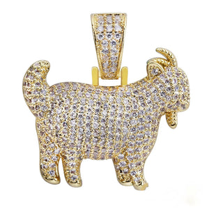 29mm Full Micro Paved Iced‑Out GOAT Pendant gold tone isolated without chain, standalone fully micro paved VVS simulated diamond goat charm, clean white background product shot showing detailed gold frame and stone pavé work, luxury icy hip hop rapper pendant jewelry, RDRIP JEWELRY SINCE 2016