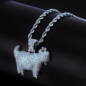 29mm Full Micro Paved Iced‑Out GOAT Pendant silver tone close‑up shot, fully micro paved VVS simulated diamond goat hip hop charm, silver plated finish paired with silver rope chain, macro detail view of icy street rapper jewelry, RDRIP JEWELRY SINCE 2016