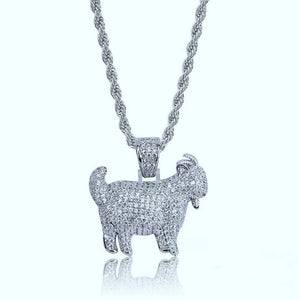 29mm Full Micro Paved Iced‑Out GOAT Pendant silver tone full necklace shot on clean white background, fully micro paved VVS simulated diamond goat charm assembled with silver rope chain, subtle surface reflection below pendant, icy hip hop street culture rapper jewelry product view, RDRIP JEWELRY SINCE 2016