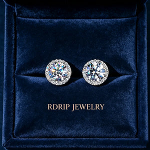 2 Carat Round Halo Moissanite Stud Earrings, VVS1 D-E Color Hearts and Arrows Ideal Cut 925 Sterling Silver Iced Out Halo Studs for Men Women Luxury Hip Hop Jewelry RDRIP JEWELRY