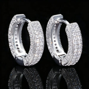 3-Row Micro Pave Huggie Hoop Earrings, White Gold Plated Iced Out VVS Simulated Diamond Huggie Hoops Hip Hop Unisex Jewelry RDRIP JEWELRY