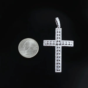 35mm iced white gold plated creed cross pendant next to us quarter coin for size reference, hollow cut‑out fully flooded round cubic zirconia men hip hop religious charm, show actual pendant dimension, fits up to 6mm tennis chain, RDRIP JEWELRY SINCE 2016