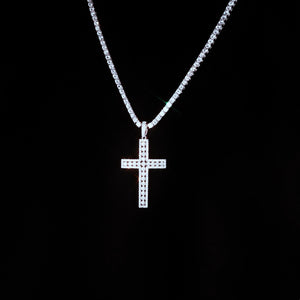 35mm iced white gold plated creed cross pendant styled with tennis chain necklace, hollow cut‑out fully flooded round cubic zirconia stones, men hip hop religious pendant necklace display shot, sparkling bling streetwear jewelry, RDRIP JEWELRY SINCE 2016
