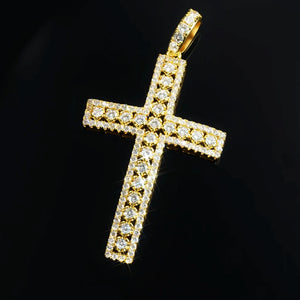 35mm iced yellow gold plated creed cross pendant fully flooded round cubic zirconia stones, large hip hop religious cross charm for men, hollow cut‑out design shiny bling cross pendant, fits up to 6mm tennis chain, RDRIP JEWELRY SINCE 2016