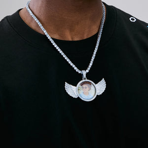 3D Angle Wing Custom Picture Pendant personalized photo hip hop necklace matched with iced tennis chain worn by male model by RDRIP Jewelry