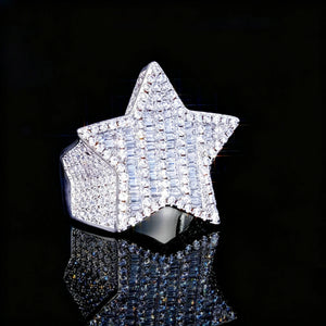 Men heavy 3D micro‑pave pentagram star iced out ring, mixed baguette and round cut AAA cubic zirconia stones, silver tone hip hop rapper statement ring, shot on black reflective mirror background, bling fashion hip‑hop jewelry for men, RDRIP JEWELRY
