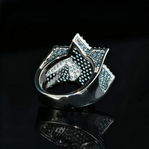 Back inner detail shot of 3D iced two‑tone Star of David Franklin ring for men, close‑up view of inner blue AAA cubic zirconia inlay and polished metal band, hand‑set hip hop bling jewelry, 18k gold plated heavy‑weight hexagram star ring, glossy black reflective background, premium urban rapper statement accessory RDRIP JEWELRY