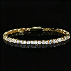 3mm Gold Iced Out Tennis Bracelet, 18K Gold-Plated Cubic Zirconia Simulated Diamond Prong Set Bracelet, Sleek Single Row Bling Hip Hop Jewelry for Men and Women, Sparkling CZ Tennis Bracelet, Durable Daily Wear Fashion Jewelry, RDRIP JEWELRY