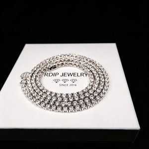 3MM Iced Out Bling 18K Gold‑Plated single row tennis chain necklace, prong‑set flawless VVS CZ simulated diamonds, unisex hip hop bling jewelry coiled on gift box, RDRIP JEWELRY