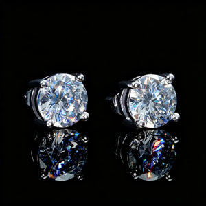 8mm 4 prong round brilliant cut cubic zirconia silver stud earrings, iced hip hop VVS simulated diamond earrings with mirror reflection on black background - RDRIP JEWELRY