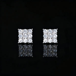 8MM Iced Out Grid Square Cluster Cubic Zirconia Silver Screw Back Stud Earrings, Silver Plated Micro Pave Flawless Cubic Zirconia Square Piercing Earrings with Secure Screw Back Closure, Premium Unisex Hip Hop Statement Bling Jewelry Gift for Men Women RDRIP JEWELRY