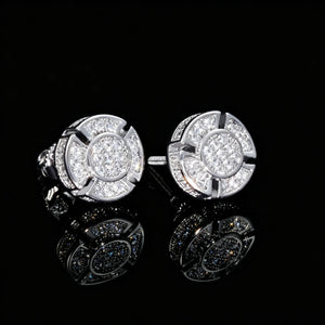 18k white gold plated 8mm quad panel round pave screw back stud earrings side view, VVS simulated diamond iced hip hop earrings for men, RDRIP JEWELRY