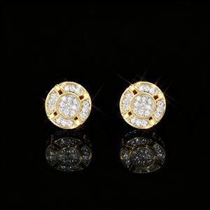 18k gold plated 8mm quad panel round pave screw back stud earrings front view, VVS simulated diamond iced hip hop earrings for men, RDRIP JEWELRY