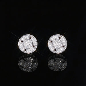 18k white gold plated 8mm quad panel round pave screw back stud earrings front view, VVS simulated diamond iced hip hop earrings for men, RDRIP JEWELRY