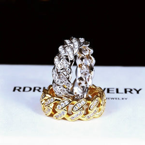 8mm CZ iced cuban link ring stacked display, gold and silver icy cuban band rings for men, full paved cubic zirconia 18k gold plated hip hop streetwear jewelry RDRIP JEWELRY