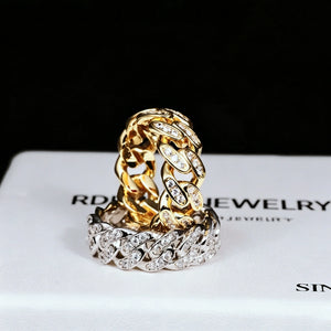 8mm CZ iced cuban link ring vertical stacked shot, gold ring standing upright on silver cuban ring, full paved cubic zirconia 18k gold plated men hip hop bling jewelry on branded white box RDRIP JEWELRY