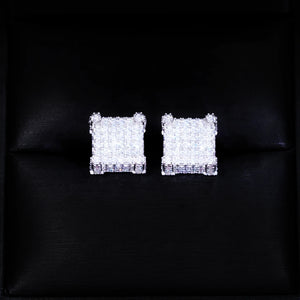 925s VVS Moissanite Full Iced 3D Cube Earrings In White Gold, 2.05ct total VVS moissanite, micro pave square stud earrings in gift box, screw back iced out hip hop jewelry for men, RDRIP JEWELRY