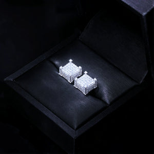 925s VVS Moissanite Full Iced 3D Cube Earrings In White Gold, micro pave full iced square stud earrings, bling 3D cube moissanite earrings, luxury hip hop jewelry for men, RDRIP JEWELRY
