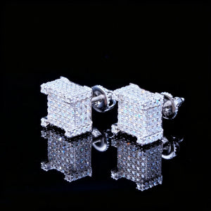 925s VVS Moissanite Full Iced 3D Cube Earrings In White Gold, micro pave full iced square stud earrings, bling 3D cube moissanite earrings, luxury hip hop jewelry for men, RDRIP JEWELRY