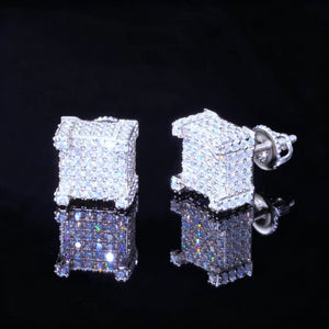 925s VVS Moissanite Full Iced 3D Cube Earrings In White Gold, micro pave full iced square stud earrings, bling 3D cube moissanite earrings, luxury hip hop jewelry for men, RDRIP JEWELRY