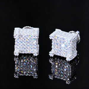 925s VVS Moissanite Full Iced 3D Cube Earrings In White Gold, 2 05ct total VVS moissanite, side back angle view, micro pave square stud earrings, screw back iced out hip hop jewelry for men, RDRIP JEWELRY
