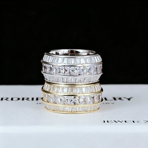 Stacked view Baguette Square Triple Row Ring 12mm wide men hip hop band ring, stacked gold plated and white gold plated rings with hand set flawless VVS simulated diamonds full pavé baguette and square stones heavy bling men statement jewelry RDRIP JEWELRY