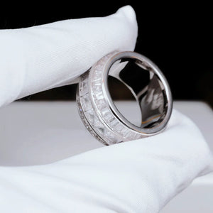 White gold plated Baguette Square Triple Row Ring inner band angle shot held by white microfiber glove, 12mm wide men hip hop ring, hand set flawless VVS simulated baguette and square cut stones full pave heavy icy bling mens statement band showing inner polished surface RDRIP JEWELRY